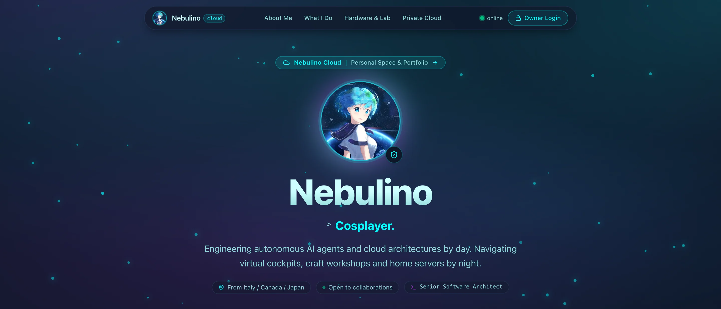 Nebulino Cloud landing page: dark portal with the avatar and the owner login