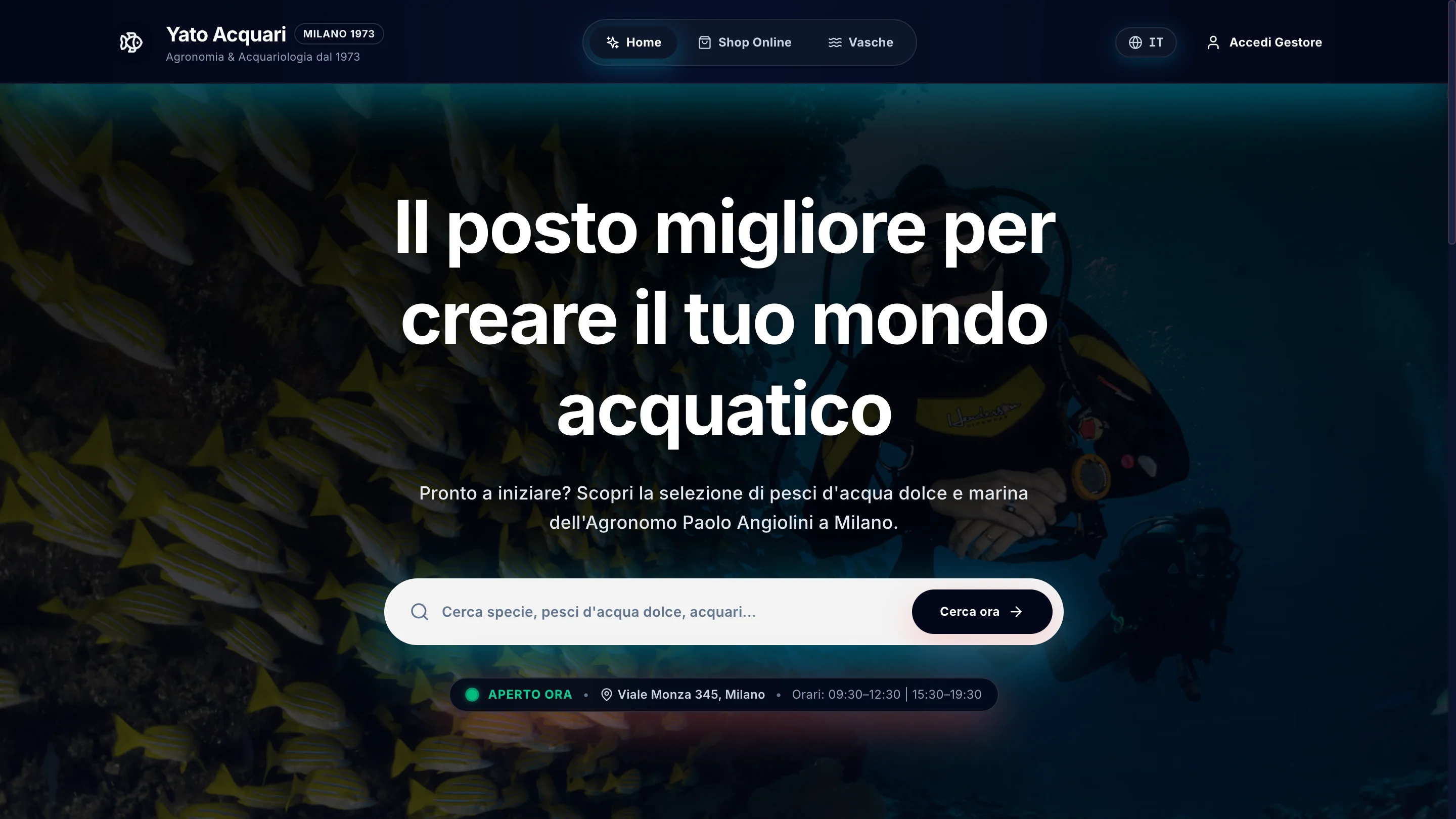 Yato Acquari shop front with the hero photograph of divers and a school of fish